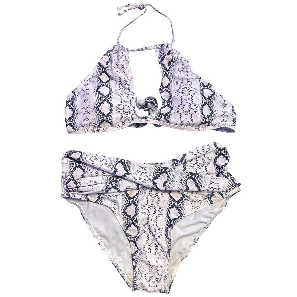 Snakeskin Print Halter Bikini Ruched High Waist Two Piece Swimsuit Size L